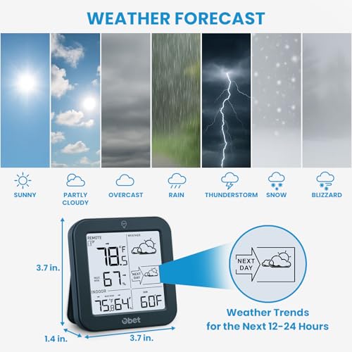 Indoor Outdoor Thermometer Wireless 500 FT Outdoor Thermometer with Sensor | Battery Powered Weather Station, 3.8" LCD Display Temperature Humidity Monitor with Backlight Max Min Dew Point Pressure - color: Black-Large