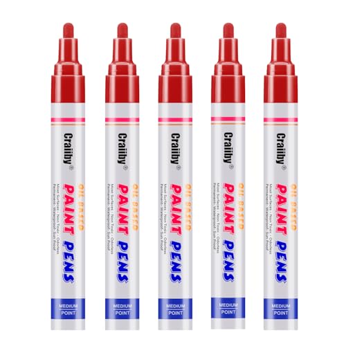 Red Paint Markers, 5 Pack Oil-Based Waterproof Quick Dry Permanent Paint Pen Set for Rocks Painting, Wood, Fabric, Plastic, Canvas, Glass, Mugs, Metal, Tire, Stone, DIY Craft - color: Red