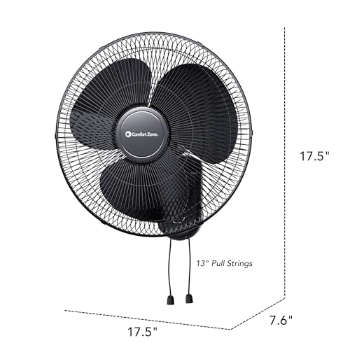 Comfort Zone 16-Inch Oscillating Wall Mount Fan – Quiet 3-Speed Indoor Fan with 60° Adjustable Tilt, Pull-Chain Control & Durable Metal Grille – Space-Saving Cooling for Home, Office, & Greenhouse