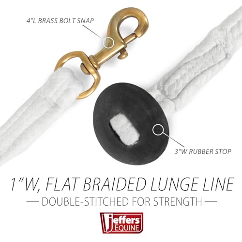 Jeffers Equine 25' Braided Cotton Lunge Line – Soft & Durable Training Rope with Heavy Duty Swivel Snap & Rubber Stop for Secure Grip – Ideal for Travel, Lunging & Horse Training – White