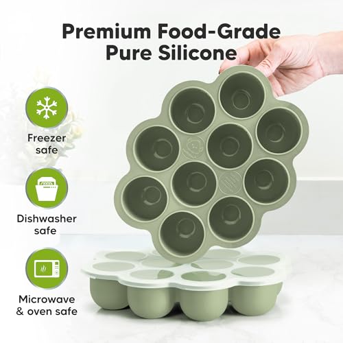 KeaBabies Silicone Food Freezer Trays with Lid, 2oz x 10 Pods (Sage) | Baby Food Storage Containers, Easy Puree Meal Prep, Breast Milk Silicone Freezer Molds, Dishwasher, Microwave Safe, BPA-Free - color: Sage