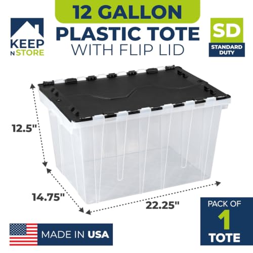 12 Gallon Clear Storage Tote with Flip Lid, Standard Duty, Pack of 1 | 22.25"×14.75"×12.5" Lightweight Stackable Plastic Storage Bin with Flip Lid and Wipe-Clean Label - Made In USA - style: Standard Duty