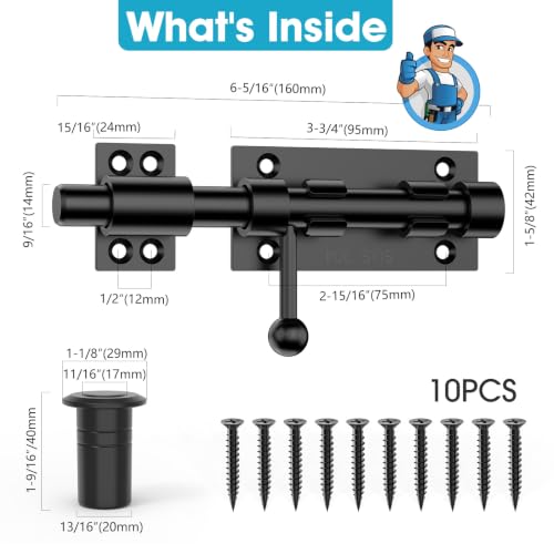 6.3 Inch Slide Bolt Gate Latch, Barrel Bolt Latch, 4 Pack Black | Heavy Duty Solid 304 Stainless Steel Door Lock for Wooden Fence/Shed/Yard/Barn Door/Interior and Outdoor - color: 4 Pack Black