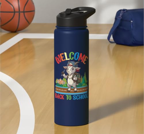 Welcome Back To School Cute Goat Student Boys Girls Kids Stainless Steel Insulated Water Bottle - color: Navy Blue