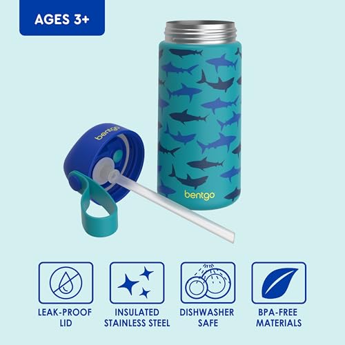 Bentgo Kids Stainless Steel Water Bottle, Leak-Proof, 14 oz, Bite & Sip | Vacuum Insulated, 18/8 Stainless Steel, 12-Hour Cold, Dishwasher Safe, BPA-Free (Sharks) - color: Sharks