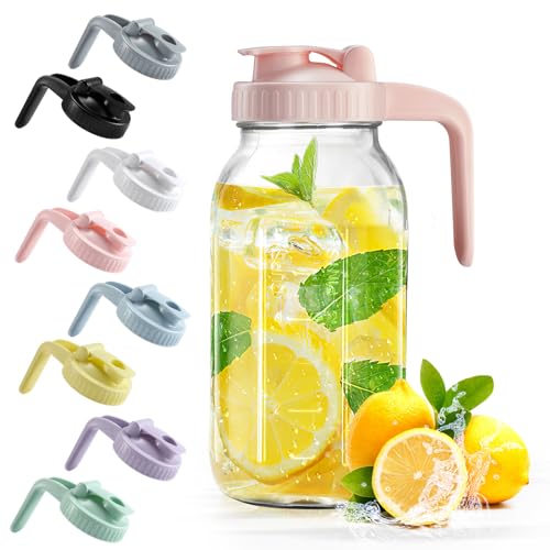 Mason Jar with Pour Spout Lid V-shaped, 2 Quart Iced Tea Pitcher Double Leak Proof, 64 oz Drink Pitcher for Breastmilk, Sun Tea, Juice, Coffee Creamer - color: Pink, size: 64 Ounces