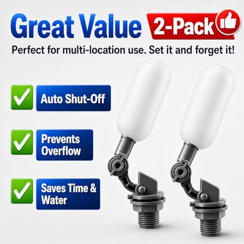 2 Pack 1/2 Inch Straight Thread Auto Fill Float Valve, Automatic Water Level Control Valve with 225° Adjustable Arm for Water Tank, Pond, Chicken Waterer, Livestock Trough