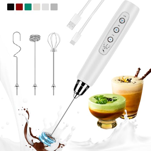 Colarlemo Milk Frother Handheld Rechargeable, Frother Wand Drink Mixer Electric Whisk for Coffee, Detachable With 3 Stainless Whisks, Hand Mixer for Lattes, Cappuccino, Matcha, Egg, No Stand, White - color: White, style: without stand