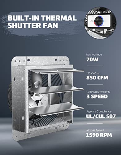 iLiving ILG8SF10V-T, 10 inch Shutter Exhaust Attic Garage Grow, Ventilation Fan with 3 Speed Thermostat 6 Foot Long 3 Plugs Cord, 10" - Variable, 600 CFM, 900 SQF Coverage Area, Silver - size: 10 Inches