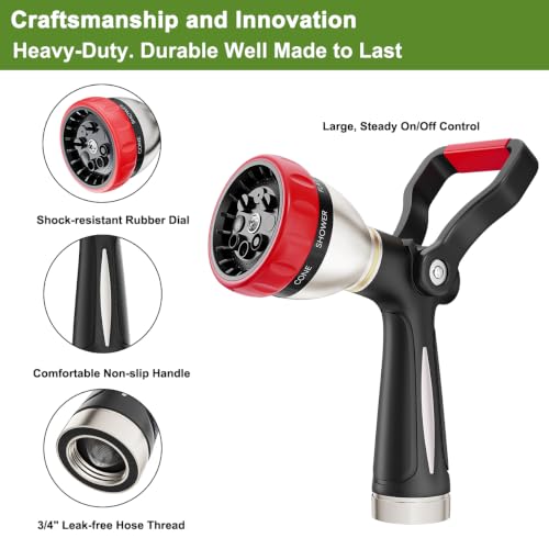 FANHAO Fireman Style Garden Hose Nozzle Heavy Duty Metal, 8 Spray Patterns | Large Lever Control, Non-Slip Ergonomic Grip, Rustproof Leakproof, High Pressure Water Hose Sprayer for Garden, Car , Pet