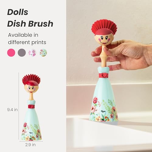 Vigar Dolls Dish Brush with Holder for Dishes - Green, Red | Dish Scrubber, Kitchen Scrub Brush, Dishwashing Brush Tool for Kitchen Sink Cleaning, Cute Standing Design - color: Green, Red