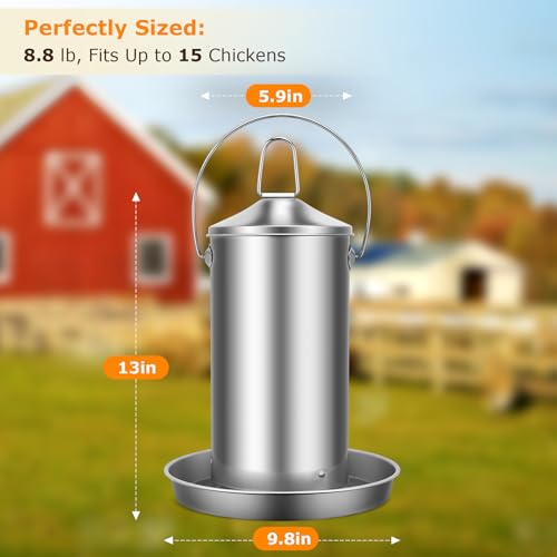 Chicken Feeder - 304 Stainless Steel 8.8 lb Rust-Proof No Waste Poultry Feeder for Outdoor Coops, Chickens, Ducks & Small Farms