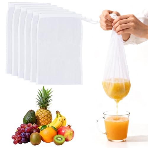 6 Pcs Nut Milk Bag Strainer 12 x 8 Inch Reusable 200 Mesh Fine Nylon Cheesecloth Straining Bags with Drawstring for Juicing, Coffee, Yogurt, Cheese, Tofu, Tea & Fruit Juice(6, 12 x 8 Inch)