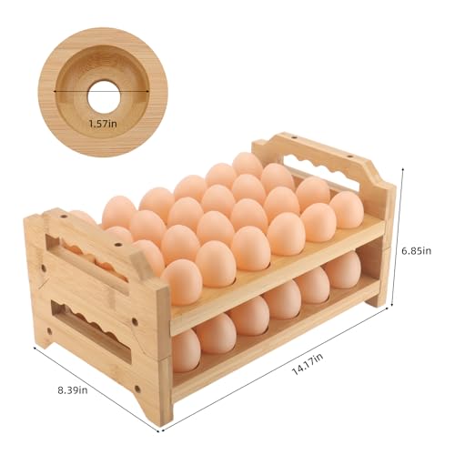 Egg Holder, 2 Tier Egg Holder Countertop, Bamboo Egg Organizer and Storage for Gathering 48 Fresh Eggs, Egg Stackable Stand Rack, Egg Basket for Kitchen Farmhouse