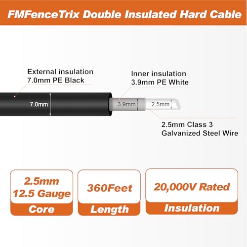 Electric Fence Wire Double Insulated Underground Hard Cable - 12.5Gauge, 360ft - Galvanized Steel Core - size: 12.5Gauge, 360Ft