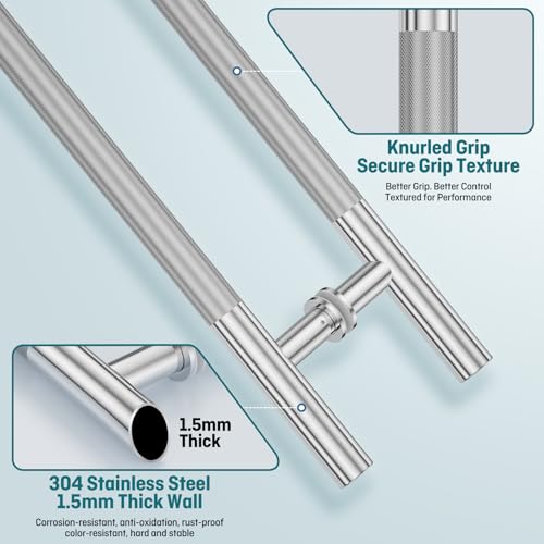 Ranbo 24" Knurled Door Pull Handle, 16"(406mm) CTC, Polished Chrome | Heavy Duty 1.5mm 304 Stainless Steel, Back to Back Pull Handles for Interior/Front /Barn/Commercial/Entrances, Enhanced Grip - size: 24 Inch