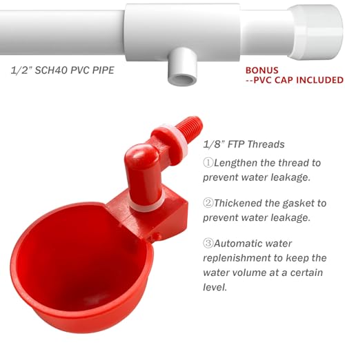 Chicken Water Cups for PVC with Tee (4 Pack), Automatic Chicken Waterer Kit for Poultry, DIY PVC Water Feeder for Chicken/Duck/Quail/Turkey - size: 4-Pack