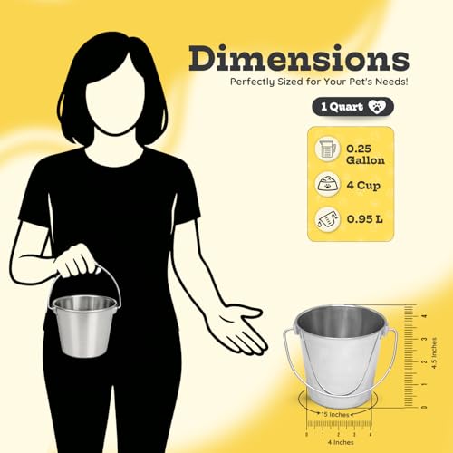 1 Qt Stainless Steel Hanging Water Bucket with Handle, 4-Pack | Food & Water Pail, 0.25 Gallon Capacity, Heavy-Duty, Round Design with Carry Handle, Ideal for Dogs, Cats, Birds & Small Pets - size: 1 Quart (Pack of 4)