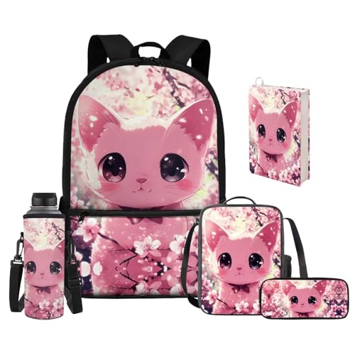 Upetstory Cherry Blossom Cat Backpack for Girls 6-8 10-12 Cute School Bookbag Elementary Kindergarten Preschool School Bag Lunch Box Pencil Case Water Bottle Sleeve Book Cover Children Daypack - color: Cherry Blossom Cat