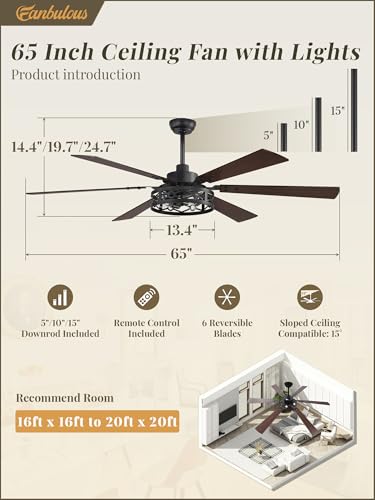 Fanbulous 65 Inch Ceiling Fan with Light and Remote, Farmhouse Large, Black | Industrial Caged Rustic, Downrod Mount, Quiet Reversible DC Motor, Powerful 6 Speeds, Timer, for Living Room, Bedroom, Indoor - color: Black, size: 65 Inch