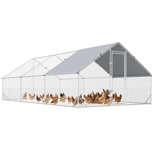 PawHut Large Chicken Coop w/Waterproof Anti-UV Cover 9.8' x 19.7' x 6.6' | Metal Chicken Run, Spire Shaped Walk In Fence Cage Hen House, Outdoor Yard Farm Use, 1" Tube Diameter - size: 118.1"L x 236.2"W x 78.7"H