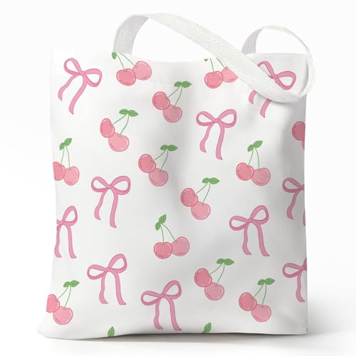Cute Canvas Tote Bag for Women, Book Totebag with Zipper Pocket - color: Coquette Bow