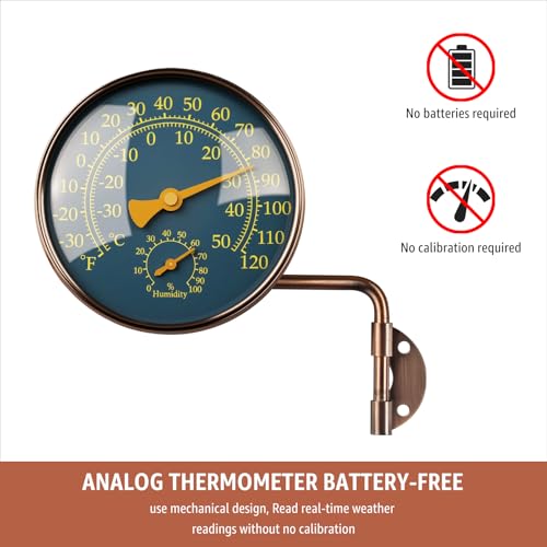 4" Outdoor Thermometer & Humidity Gauge, Brass Analog Dial | Window Thermometer for Outside Temperature & Humidity Monitor, Battery-Free for Patio Garage Greenhouse Garden Wall