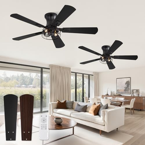 Fanbulous 42 Inch Farmhouse Rustic Caged Ceiling Fan with Lights, 2 Pack | Double-sided Color Blades , APP/Remote Control ,6-speed Wind & Reversible Function, Timer, Flush Mount, Black/ Walnut - color: Black and Walnut