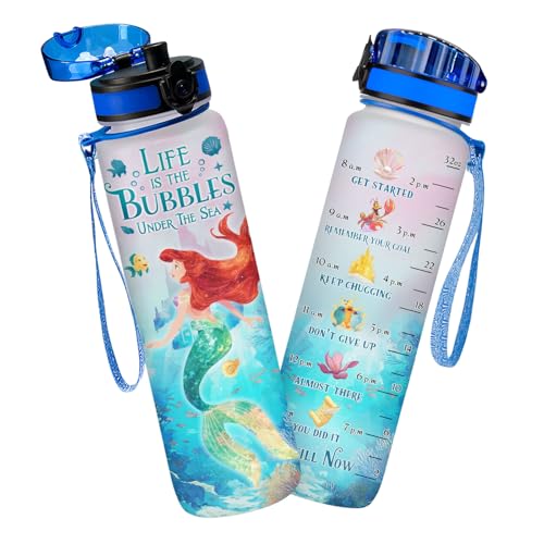 Mermaid 32oz Water Bottle with Time Marker, Cute Fairytale Ocean Design, Refillable Drinking Bottle with Lid Strap, Kawaii Gift for Women Teen Girls - color: Mermaid