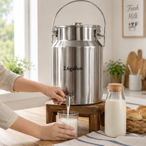304 Stainless Steel Milk Can with Spigot, 2.6 Gallon Metal Water Dispenser, 10L Steel Water Tank & Stainless Steel Beverage Dispenser, Heavy Duty Drink Dispensers for Milk, Wine, Oil - size: 2.6 Gallon