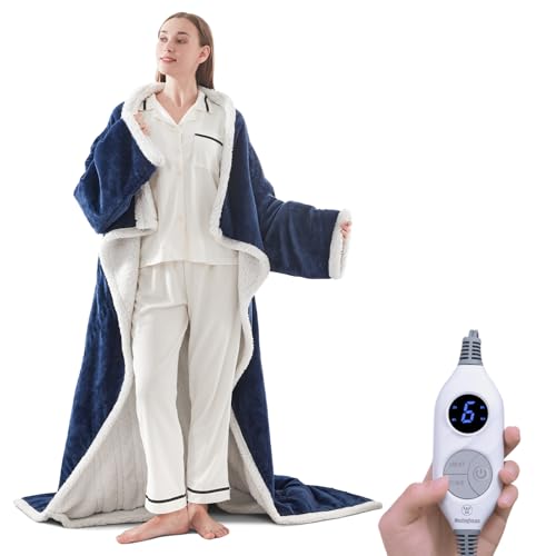 Westinghouse Wearable Heated Blanket with Foot Pocket Sherpa 50x70+18 Navy | Electric Snuggle Throw with Foot Pocket, Flannel Sherpa 6 Heating Levels & 2-10 Hours Auto Shut Off, Home Office Use - color: Navy Blue&ivory, size: 70*50" Heated Snuggle Blanket