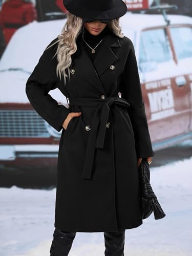 utcoco Womens Long Wool Pea Coat Notched Lapel Double Breasted Trench Coat Winter Warm Overcoat with Belt - color: Black, size: X-Small
