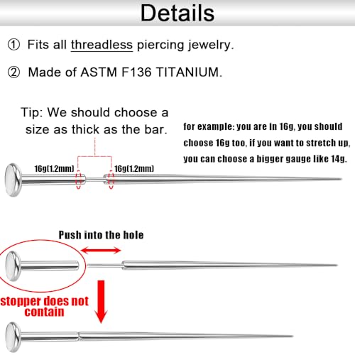 14g/16g/18g/20g ASTM F136 Titanium Piercing Kit Taper Insertion Pin | for Threadless Push In Tragus Helix Lip Nose Helix Piercing Jewelry Cartilage Earrings Labret Studs Nose Stud Stretcher - color: 2 Tapers for 18g(1.0mm) Threadless Bar