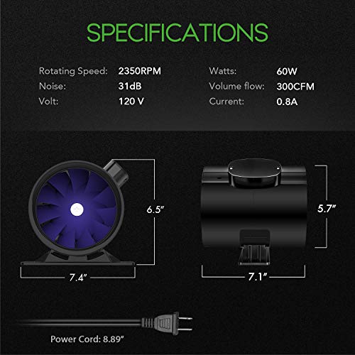 iPower 6 Inch 300 CFM Ventilation Booster Fan with Grounded Power Cord, Quiet Inline Duct Exhaust Blower for HVAC in Grow Tent, Basements, Bathrooms, Black - size: 6'' Fan
