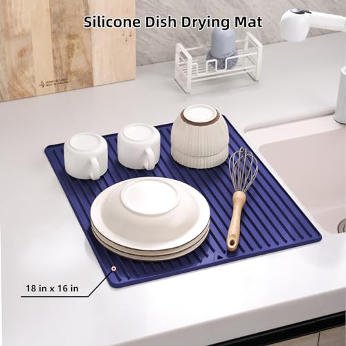 Silicone Dish Drying Mat, Large & Thick, 16" x 18", Blue | For Kitchen Counter and Bathroom, Super Thick, Heat-Resistant Trivet, Countertop Protector, Non-Toxic, For Dishes and Pots - size: 16" x 18"