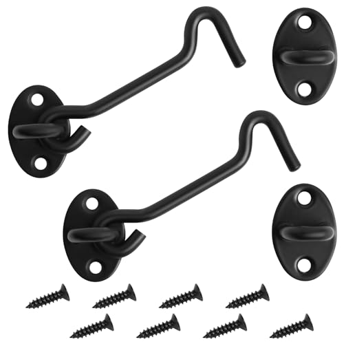 4" Stainless Steel Gate Latch Heavy Duty Hook and Eye Gate Latch Easy Lock Barn Door Lock with Mounting Screws Door Latch Door Lock Hardware for Sliding Door, Garden, Cabinet, Windows (2, Black)