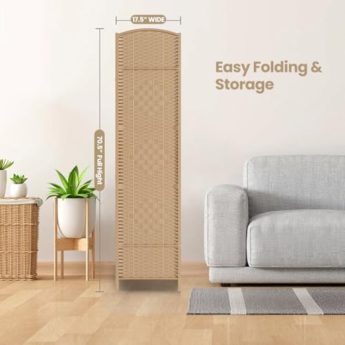4 Panel Folding Room Divider,Woven Privacy Screen,Light Beige | Solid wood frame, handcrafted diamond pattern, 6FT tall, extends to 63 inches wide, no assembly required - color: Light Beige, size: 4-Panel
