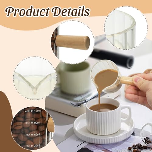 Espresso Cups Set of 2, 4 OZ Espresso Shot Glasses with Wood Handle, Clear | V-Shaped Spouts, Ribbed Milk Frothing Pitcher, Small Glass Measuring Cup, Demitasse Cups, Coffee Espresso Accessories - color: Clear