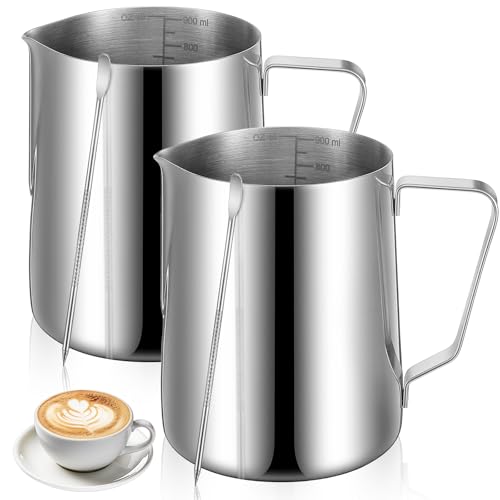 2 Pcs Milk Frothing Pitcher, 32 Oz Stainless Steel Steaming Pitcher for Espresso, Cappuccino, Barista Frother Jug with Tick Mark and Latte Art Pen, Silver