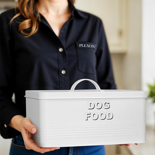 Plexon Metal Dog Food Storage Container with Scoop - Small Dog Food Container 10lbs Holder Treat Jar Bin with Lid - Pet Chow Storage Canister Tin, 2 Gallon, White - color: White, 2 Gall Capacity