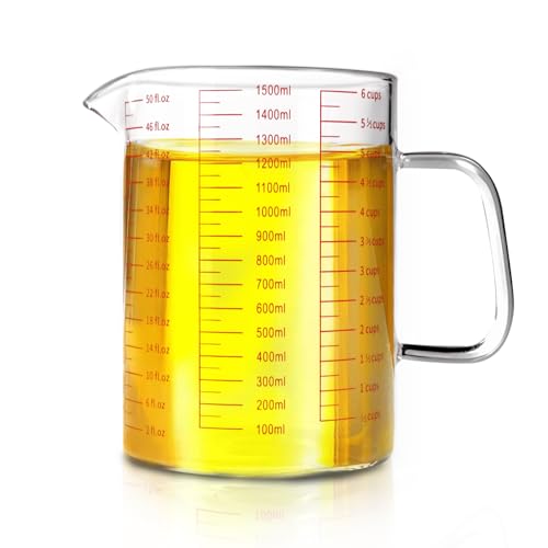 WhiteRhino Glass Measuring Cup,6Cup/1500ml/50oz Liquid Measuring Cups, Measuring Cup With Handle and V-Shaped Spout, Glass Beaker with Three Scales (OZ, Cup, ML), Dishwasher/Freezer/Microwave Safe - color: 6 Cup / 1500ml / 50oz - Glass