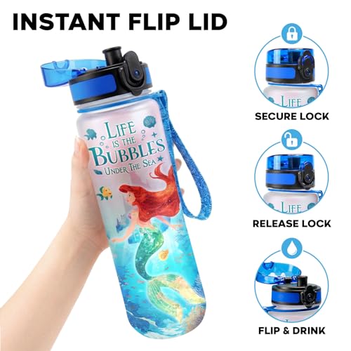 Mermaid 32oz Water Bottle with Time Marker, Cute Fairytale Ocean Design, Refillable Drinking Bottle with Lid Strap, Kawaii Gift for Women Teen Girls - color: Mermaid