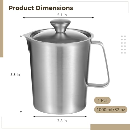 Stainless Steel Pitcher with Lid, 32 oz Measuring Cups with Dual-Scale Markings, Milk Frothing Jugs, Large Beakers for Espresso Machine, Hot/Cold Water, Latte Art, Iced Tea