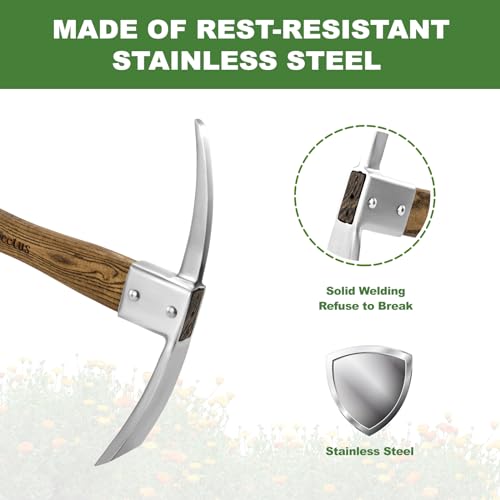 Haliaeetus Pick Axe, Stainless Steel Mattock, Garden Pick with Wood Handle | with Sharp Pick and Cutting Edge for Breaking up Heavy Clay Soil, and Removal of Difficult Weeds, for Digging, Loosening Soil