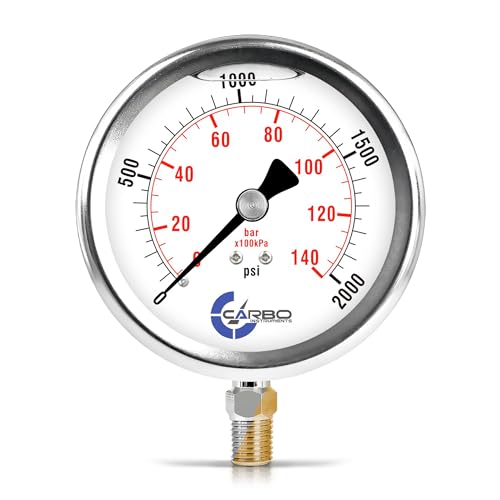 Carbo 2000 PSI Liquid Filled Pressure Gauge with NIST Traceable Certificate, Calibrated in USA Lab, 4" Dial, 1/4 NPT Lower Mount, ASME Grade A, 304 SS Case, Brass Wetted Parts, PSI/Bar - size: 0-2000 Psi, style: NIST TRACEABLE