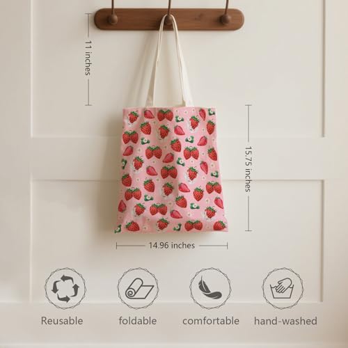Aesthetic Canvas Tote Bag for Women - with Magnetic Snap Closure & Zipper Inner Pocket Reusable Totes Bag - color: Strawberry3