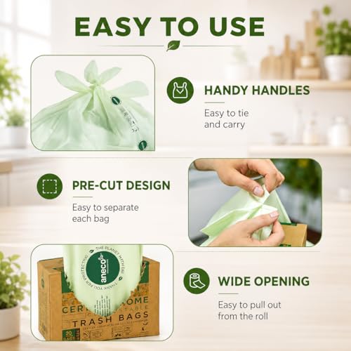 ANECO Compostable Food Waste Bags 13 Gallon, 50 Count | Extra Thick Kitchen Compost Bags With Handles, Large Compostable Bags for Tall Kitchen Bin