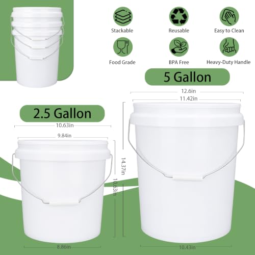 5 Gallon Large & 2.5 Gallon Small Bucket Set with Handle (6 Pack), Plastic Bucket for Cleaning Car Wash Paint Garden Outdoor, Food Grade Plastic Container for Water Kitchen Storage, White - size: 3 x 5 Gallon & 3 x 2.5 Gallon
