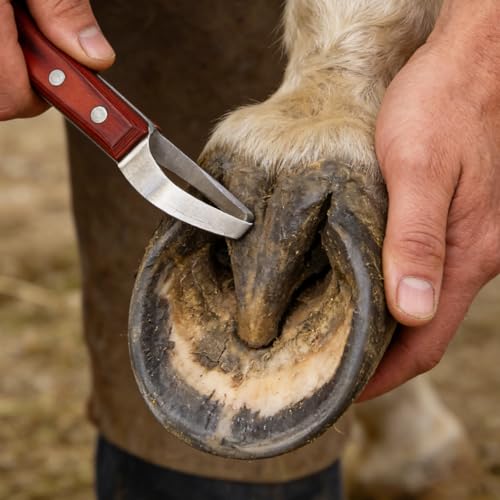Hoof Knife with Sharpener Double-Ended Farrier Hoof Trimmer with Wooden Handle for Horses, Cows & Farm Livestock