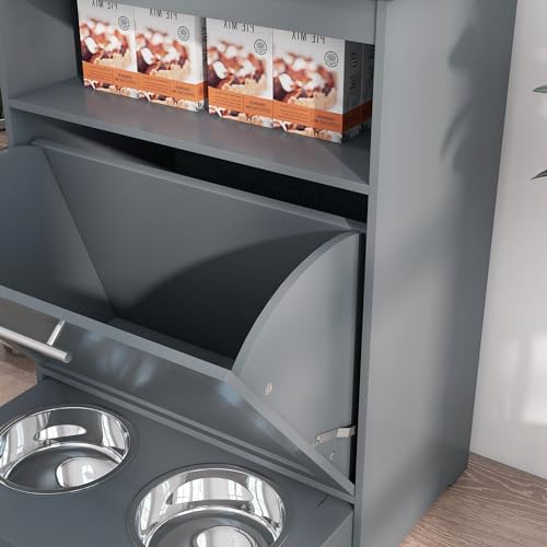 PawHut Dog Feeding Station with Raised Bowls, Pet Feeder Station, Gray | Dog Food Storage Cabinet, Hanger for Feeding & Watering Supplies - color: Gray